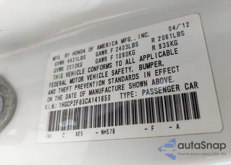 2012 Honda Accord 2.4 Ex-L z USA, uszkodzony, nr VIN 1HGCP2F85CA141650